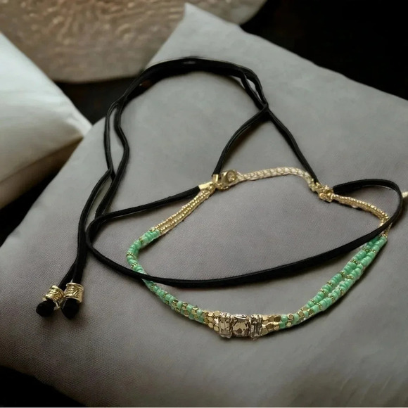 Beaded Layered Rhinestone Faux Leather Tassel Choker Necklace - Picture 2 of 3